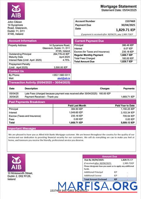 Blank Ireland Allied Irish Banks mortgage statement Word and PDF template